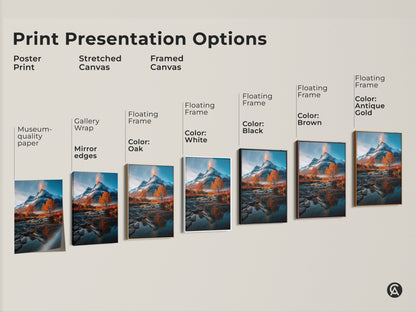 Print presentation options for rustic mountain landscape canvas. Options include poster print stretched canvas and framed canvas. Floating frame colors include Black Brown Antique Gold and White. Perfect wall art for nature lovers and an ideal housewarming gift. The snowy volcano art complements rustic interiors.