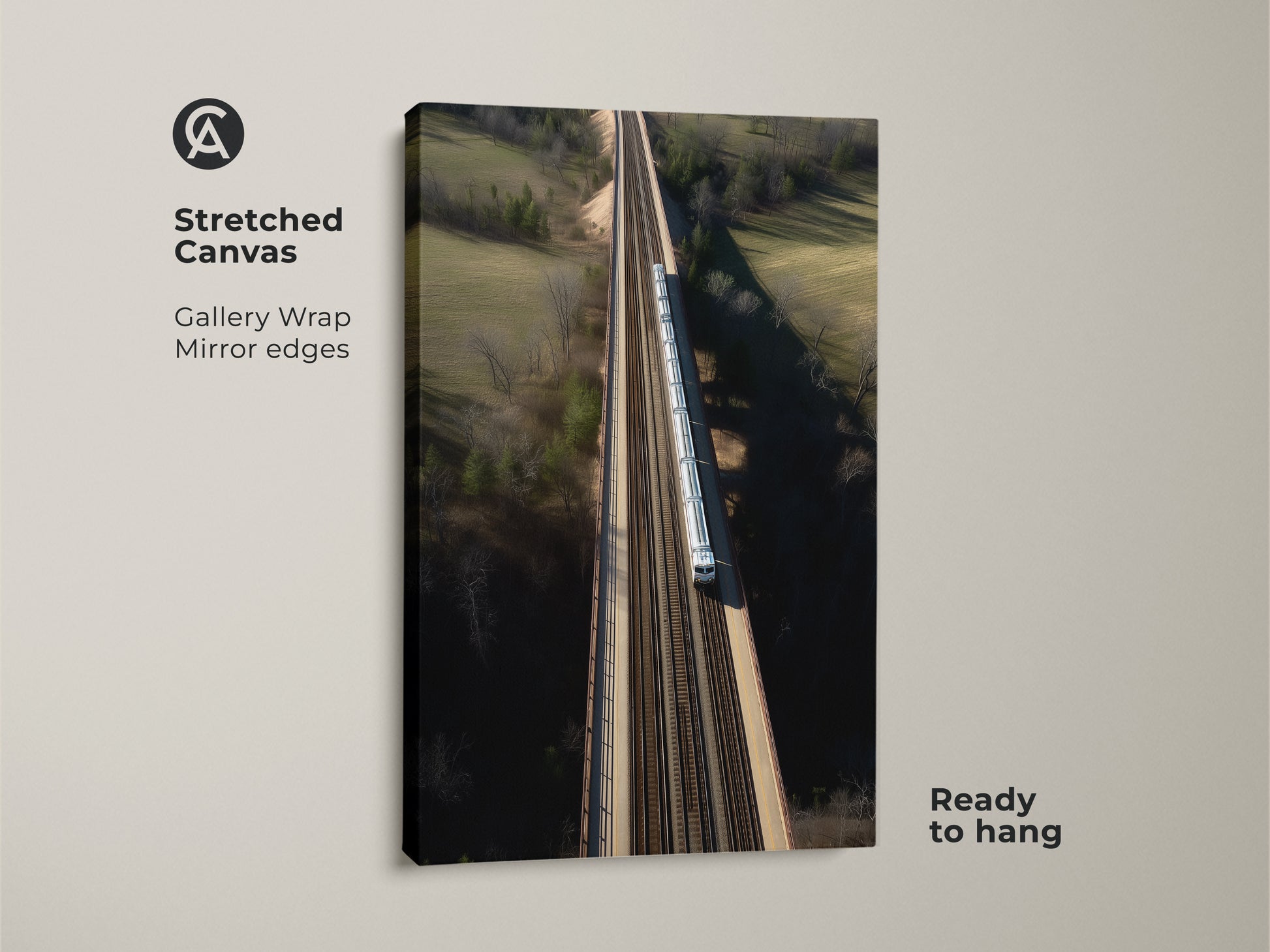This stretched canvas displays a modern aerial train bridge art. The realistic train canvas print enhances your entryway decor. The artwork features gallery wrap mirror edges and is ready to hang. It adds a unique transportation theme to residential spaces with a modern home style.