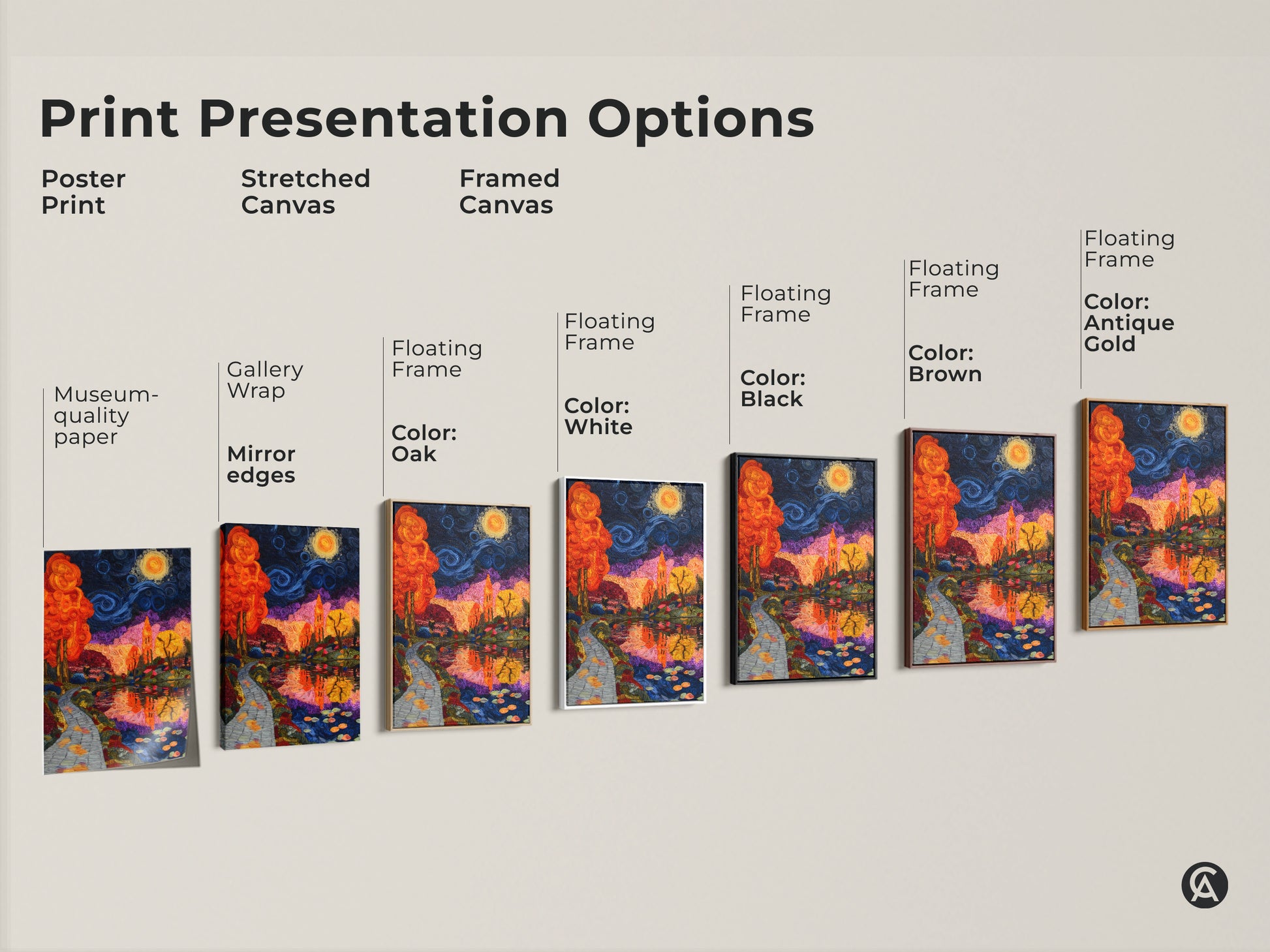 Explore print presentation options for Impressionist Landscape Canvas Art. Choose from Poster Print stretched canvas and framed canvas. Options include gallery wrap museum-quality paper and floating frames. Find the perfect artwork for your eclectic home decor.