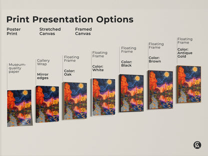 Explore print presentation options for Impressionist Landscape Canvas Art. Choose from Poster Print stretched canvas and framed canvas. Options include gallery wrap museum-quality paper and floating frames. Find the perfect artwork for your eclectic home decor.
