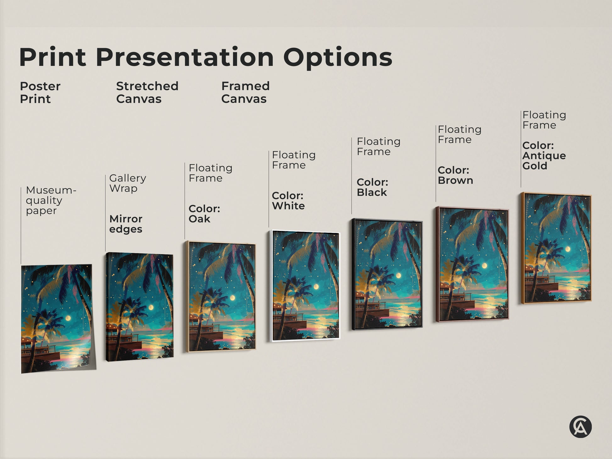 Explore Print Presentation Options with this museum-quality paper poster. Find the perfect fit with the stretched canvas gallery wrap print or elevate your space with a framed canvas. Select a floating frame.