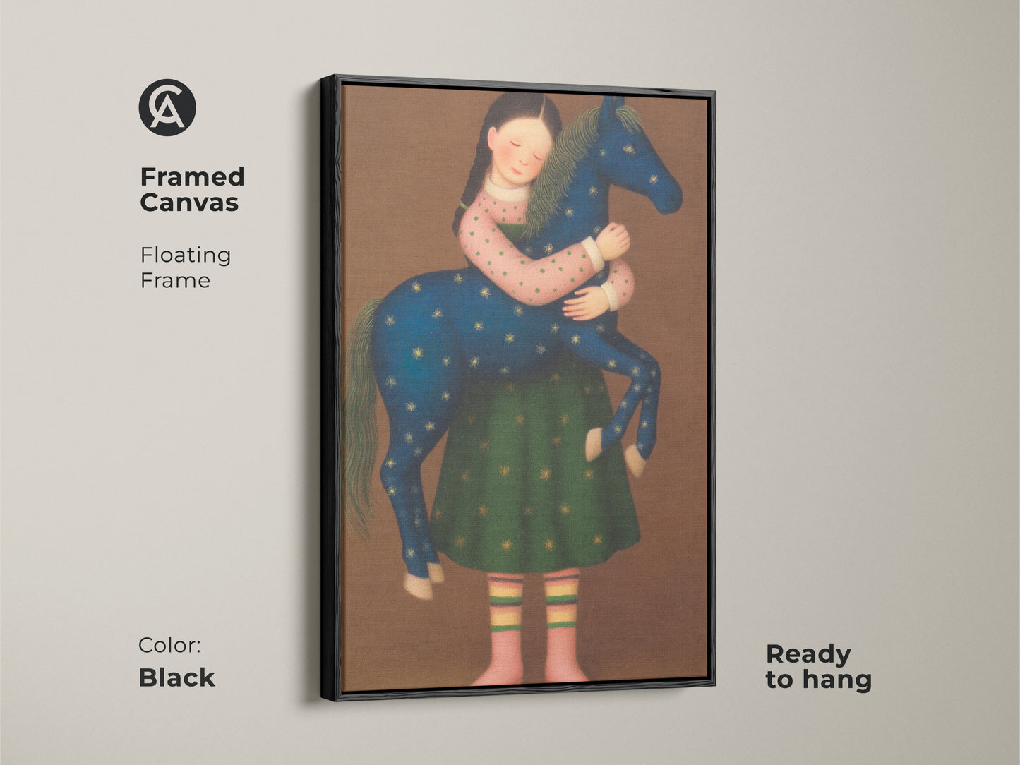 This enchanting artwork showcases a girl riding her horse in a whimsical landscape. A blend of blue gold and green create a calming boho kids room decor. A charming addition as nursery wall decor girl art.
