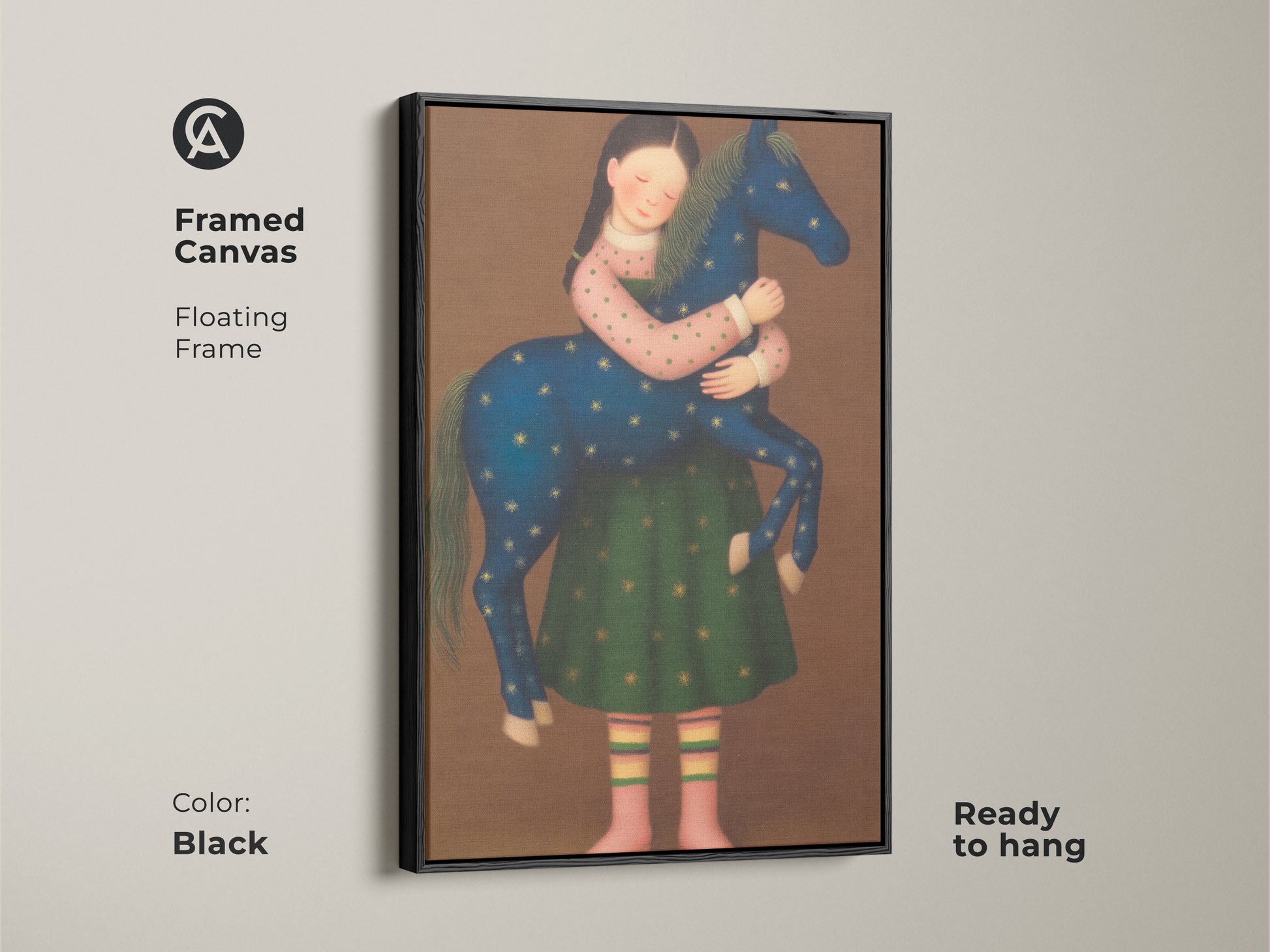 This enchanting artwork showcases a girl riding her horse in a whimsical landscape. A blend of blue gold and green create a calming boho kids room decor. A charming addition as nursery wall decor girl art.