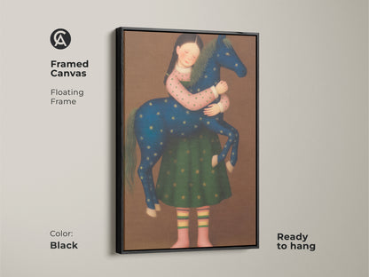 This enchanting artwork showcases a girl riding her horse in a whimsical landscape. A blend of blue gold and green create a calming boho kids room decor. A charming addition as nursery wall decor girl art.