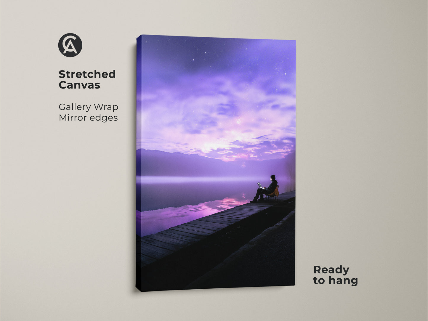 Stretched canvas gallery wrap of surreal lake artwork. Features a person working on a laptop with mirror edges. The violet skyscape wall art is ready to hang. This fantasy landscape artwork adds a modern touch to any office space. Ideal remote worker gift.