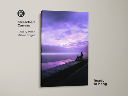 Stretched canvas gallery wrap of surreal lake artwork. Features a person working on a laptop with mirror edges. The violet skyscape wall art is ready to hang. This fantasy landscape artwork adds a modern touch to any office space. Ideal remote worker gift.