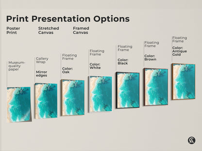 Explore print presentation options for beach artwork. Choose from poster prints stretched canvas or framed canvas. Select a floating frame in oak white black brown or antique gold. Find the perfect style to complement your space.