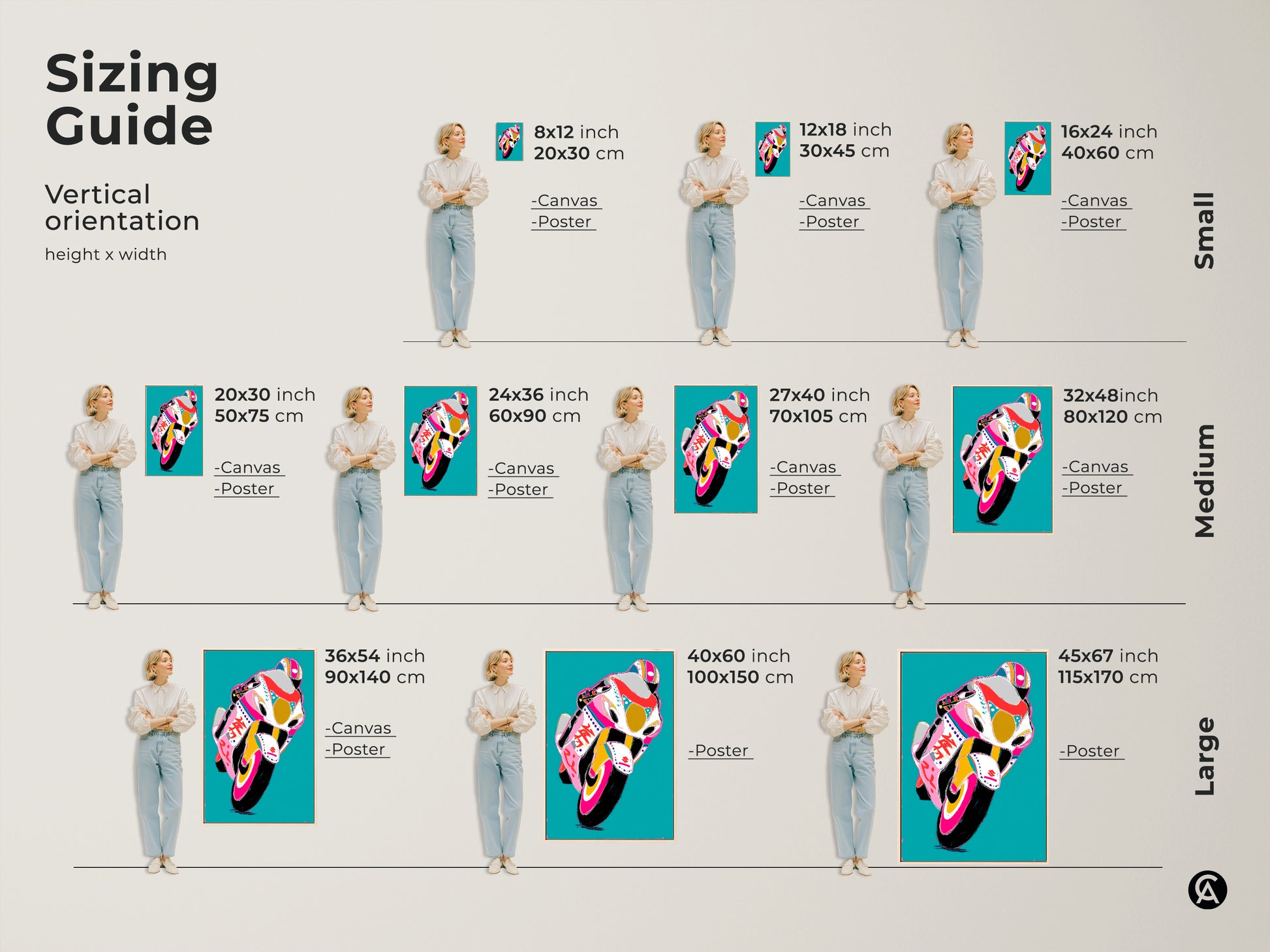 Sizing guide for vertical graffiti racer art prints. Available in sizes from 8x12 to 45x67 inches. Choose between canvas or poster prints to suit your space. Visualize the artwork in small medium and large sizes to perfectly match your decor needs.