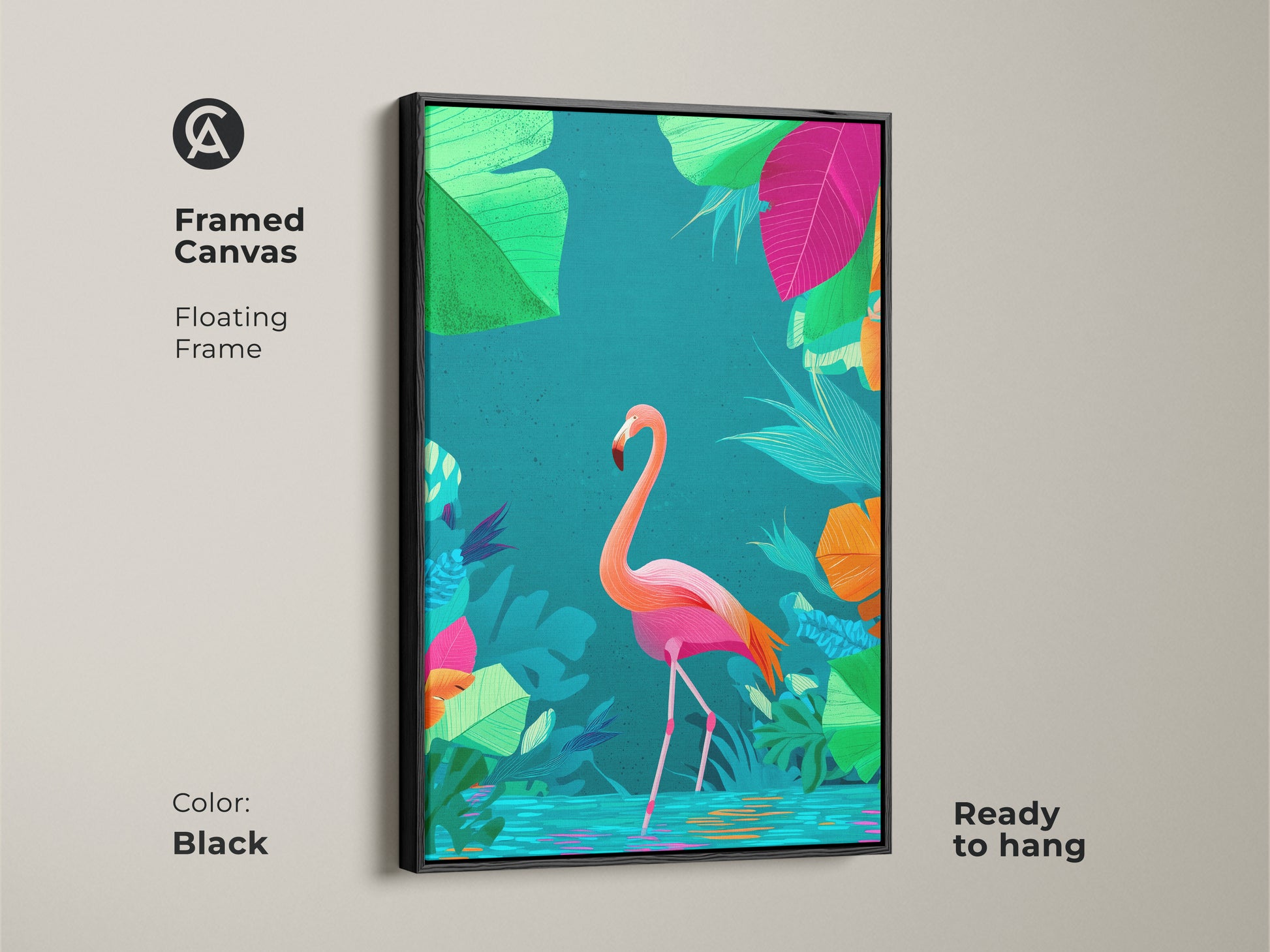 Framed canvas with a floating black frame displaying a flamingo art print. This boho artwork features pink orange and teal leaves. The exotic bird wall decor is ready to hang.