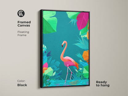Framed canvas with a floating black frame displaying a flamingo art print. This boho artwork features pink orange and teal leaves. The exotic bird wall decor is ready to hang.