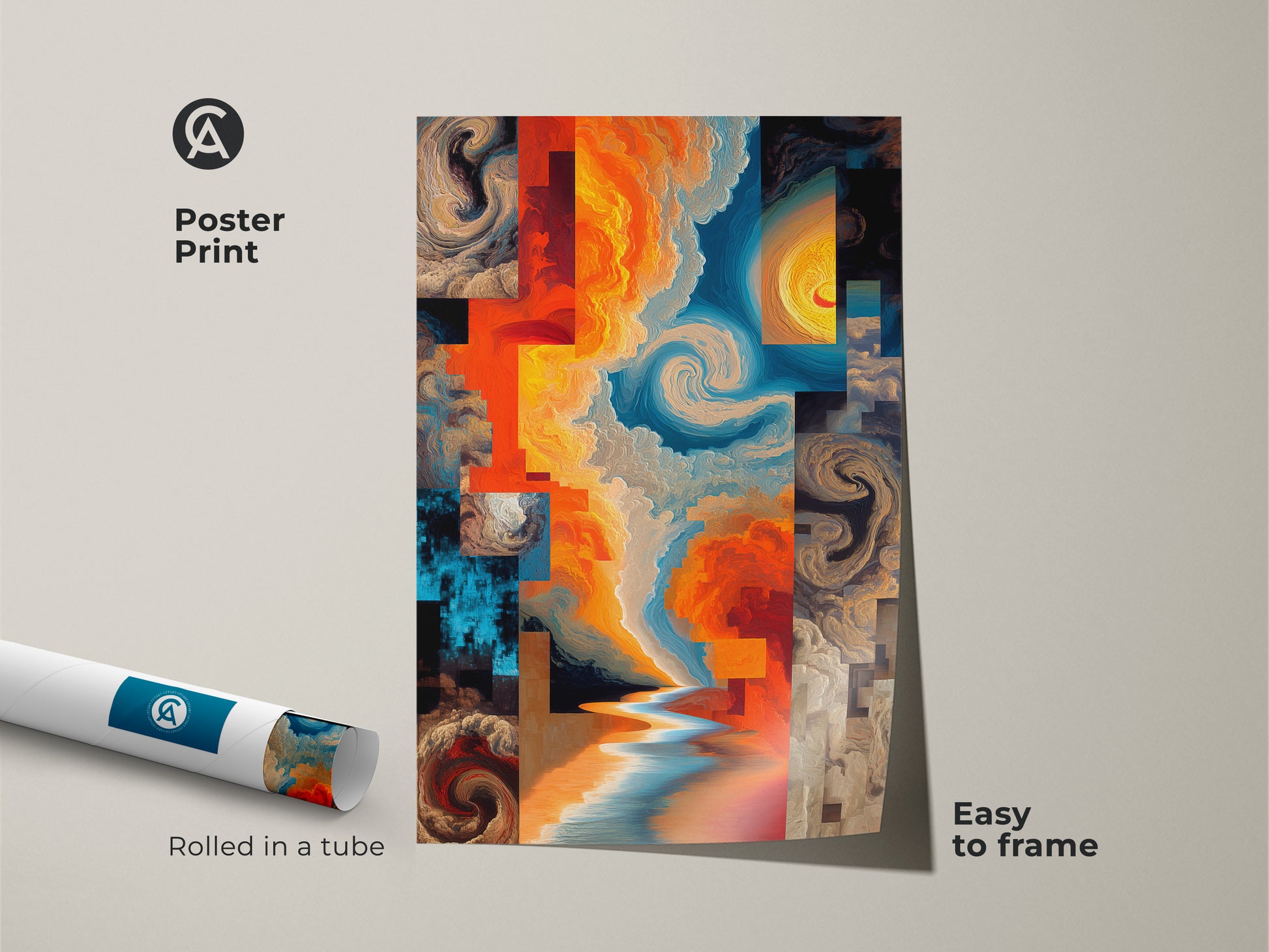 Poster Print of Abstract Cloud and Water Art. Rolled in a tube for easy framing. Orange yellow and blue hues create an eye-catching abstract expressionism piece. This artwork is perfect as a housewarming gift for art lovers.