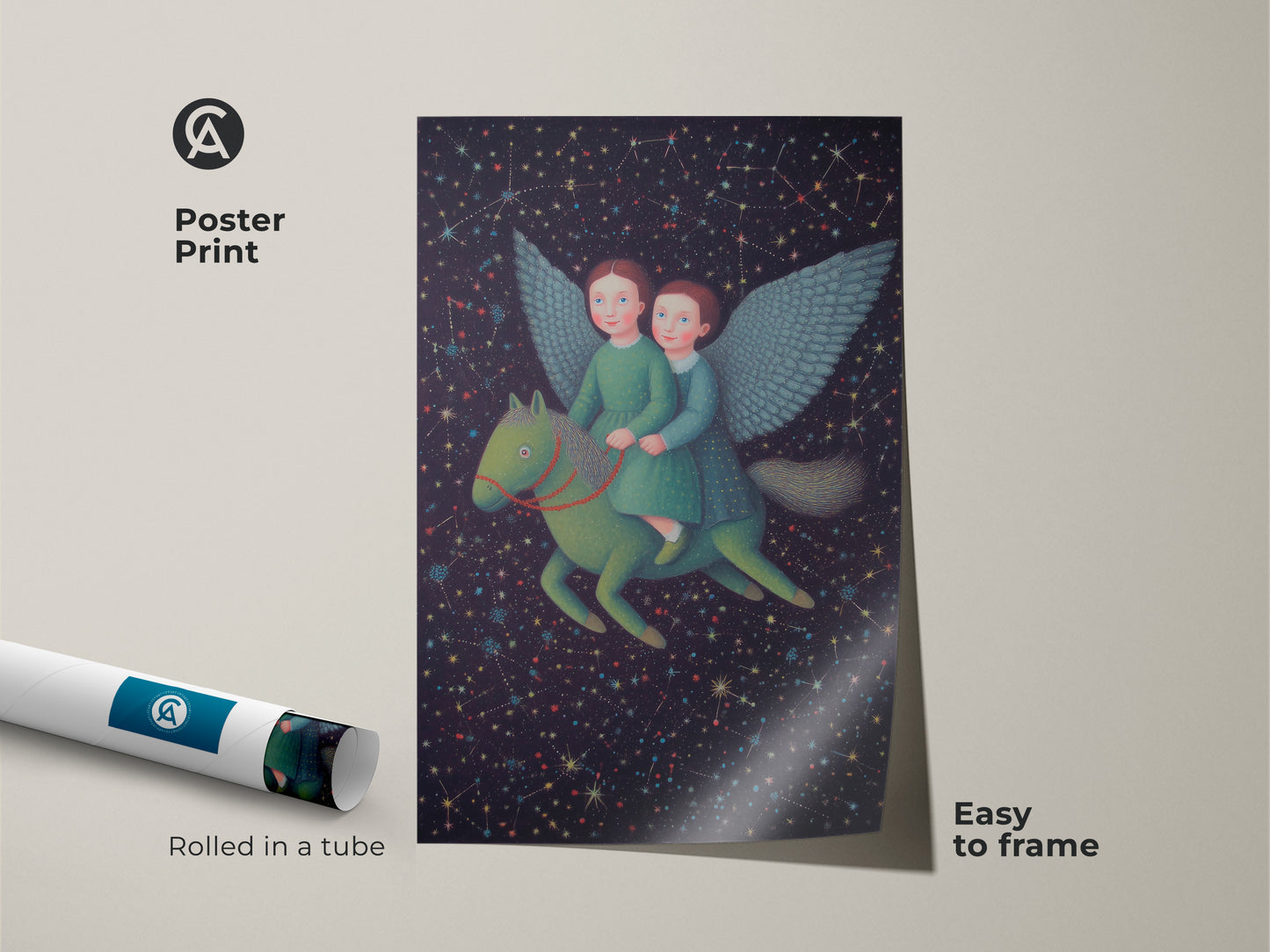 This poster print showcases two girls on a Pegasus. The art features a celestial starry night sky. The fantasy artwork is easy to frame and perfect for a kids room. It makes a whimsical gift for children and imaginative art enthusiasts. It is rolled in a protective tube.