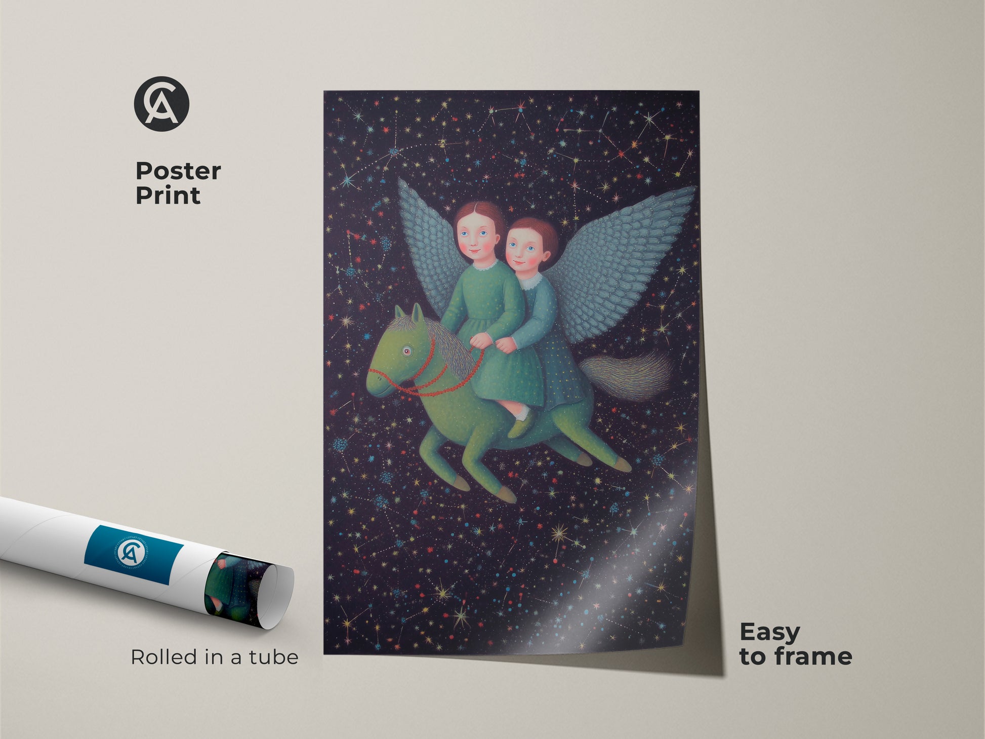 This poster print showcases two girls on a Pegasus. The art features a celestial starry night sky. The fantasy artwork is easy to frame and perfect for a kids room. It makes a whimsical gift for children and imaginative art enthusiasts. It is rolled in a protective tube.