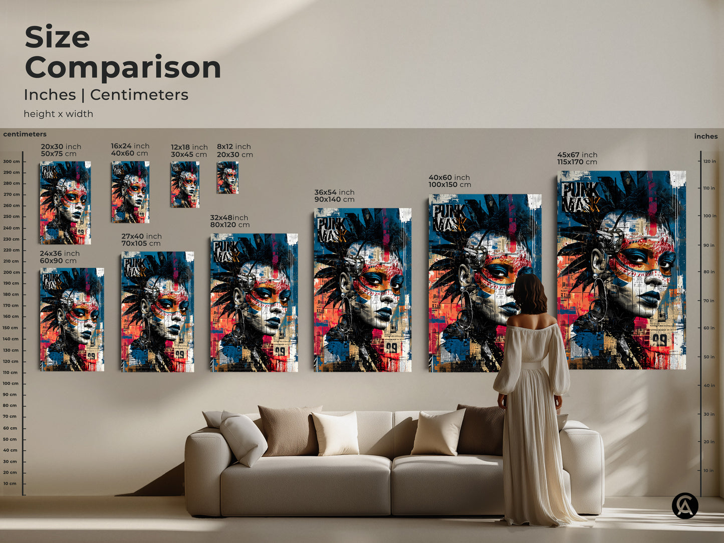 Size comparison of punk mask graffiti artwork in inches and centimeters. Visualize the impact of different sizes of this urban street art. The canvas and poster prints feature blue black and red abstract faces. An alternative art print perfect for eclectic decor and music lovers looking for a bold statement piece.