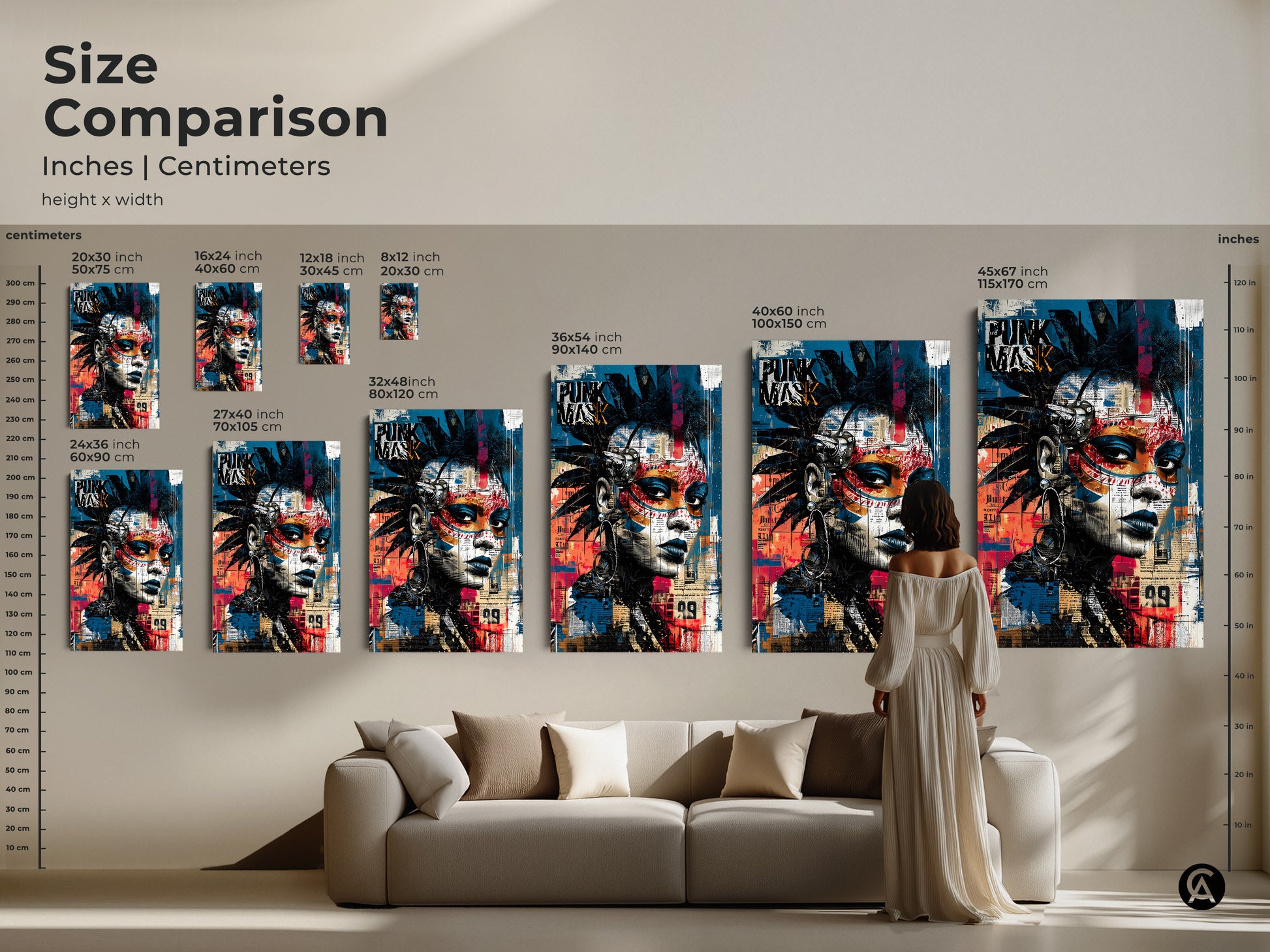 Size comparison of punk mask graffiti artwork in inches and centimeters. Visualize the impact of different sizes of this urban street art. The canvas and poster prints feature blue black and red abstract faces. An alternative art print perfect for eclectic decor and music lovers looking for a bold statement piece.