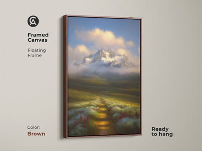 Framed canvas print of a mountain landscape with a brown floating frame. This rustic artwork shows a wildflower path leading up to snowy peaks. Perfect nature lovers gift.