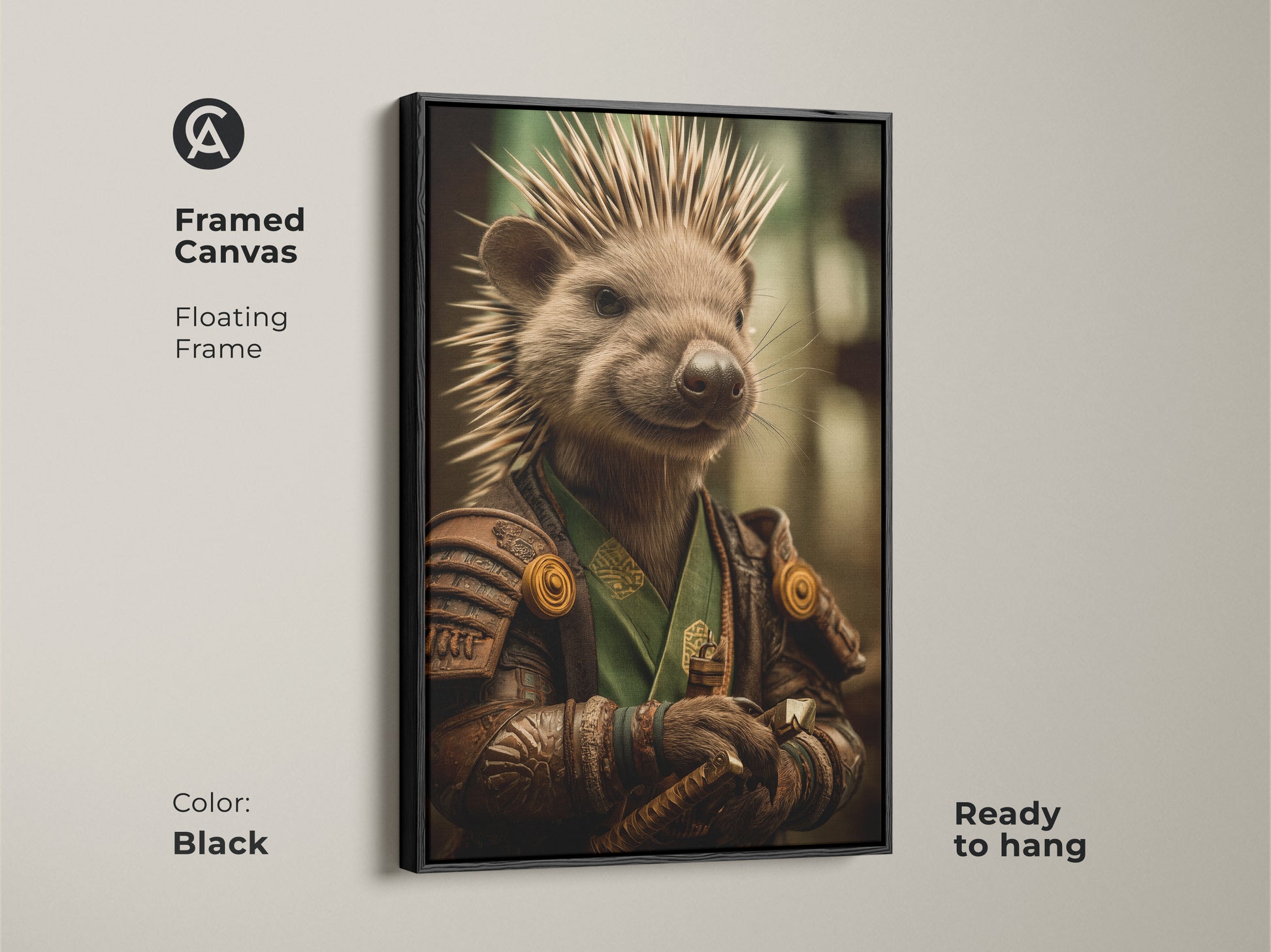 Framed in black the canvas features a samurai hedgehog in ready to hang art. This fantasy animal warrior art print is an eclectic choice for a study or gamer room wall.