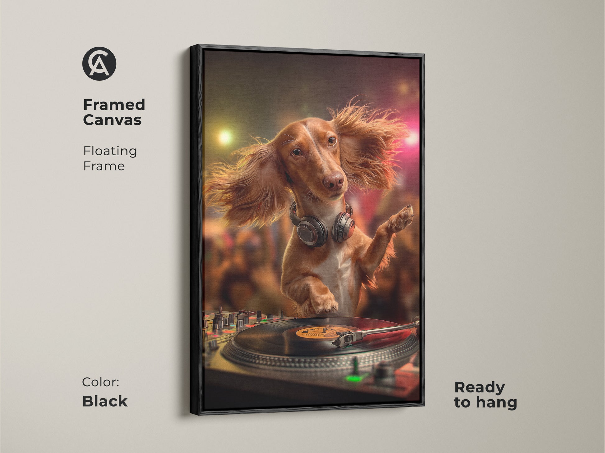 Framed canvas art of a Dachshund DJ with a floating black frame. Ready to hang this eclectic artwork adds fun to any room. A unique gift for dog and music enthusiasts. Brown red and gold tones create a vibrant party atmosphere.