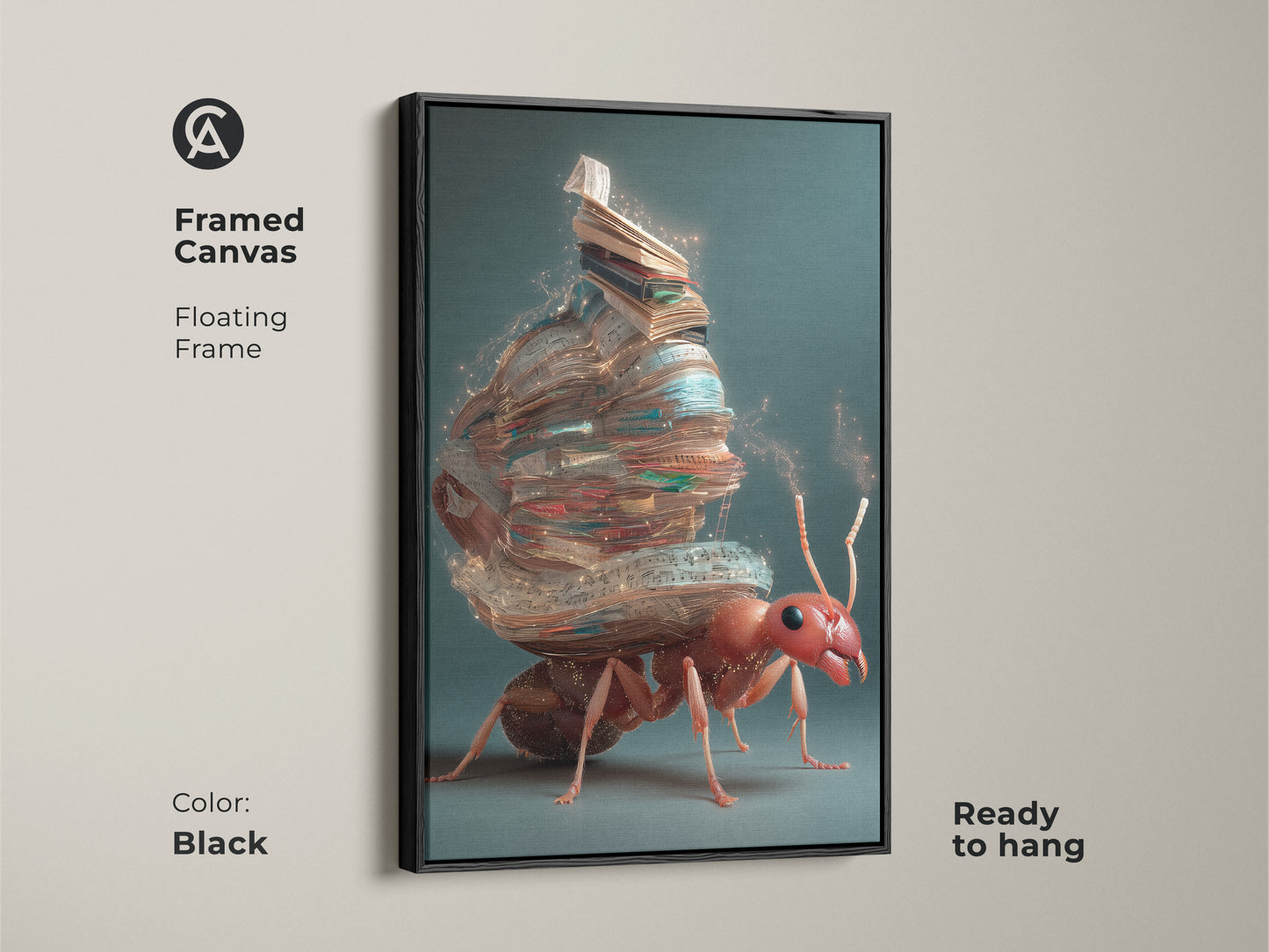 Framed in black this canvas displays the fantasy ant artwork. It portrays an ant carrying books. With an eclectic home art style and teal accents this surrealism print makes unique study room wall decor. It's a thoughtful book gift.