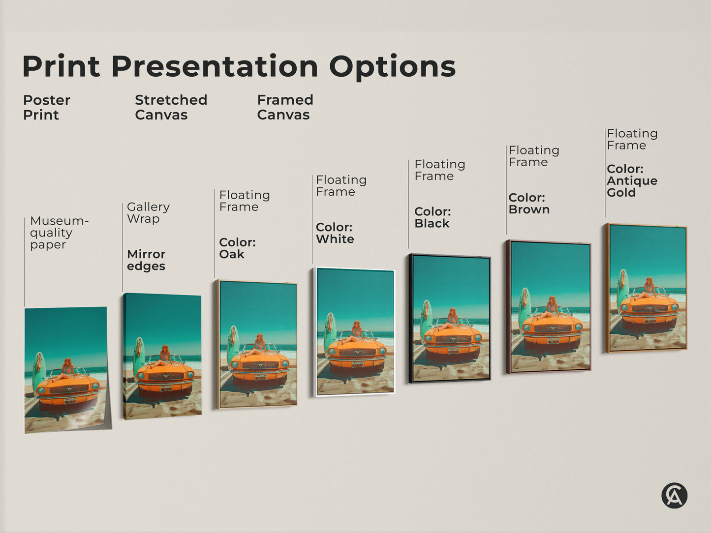 Explore print presentation options with this artwork featuring a vintage orange Mustang at the beach. Choose from poster prints stretched canvas and framed canvas. Find the perfect style to match your decor. Enhance your space with this summer-themed art. Options include a floating frame in black brown antique gold and white.