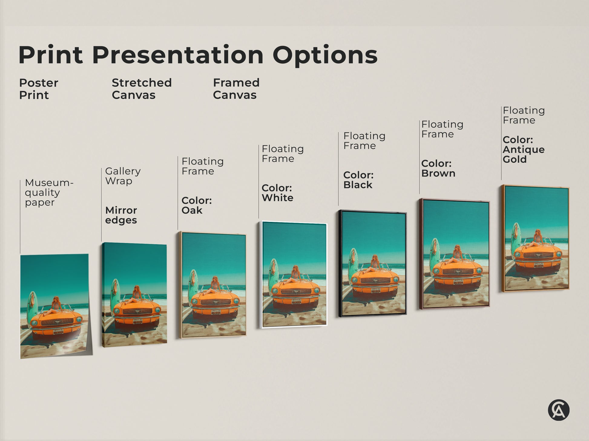 Explore print presentation options with this artwork featuring a vintage orange Mustang at the beach. Choose from poster prints stretched canvas and framed canvas. Find the perfect style to match your decor. Enhance your space with this summer-themed art. Options include a floating frame in black brown antique gold and white.
