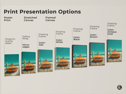 Explore print presentation options with this artwork featuring a vintage orange Mustang at the beach. Choose from poster prints stretched canvas and framed canvas. Find the perfect style to match your decor. Enhance your space with this summer-themed art. Options include a floating frame in black brown antique gold and white.