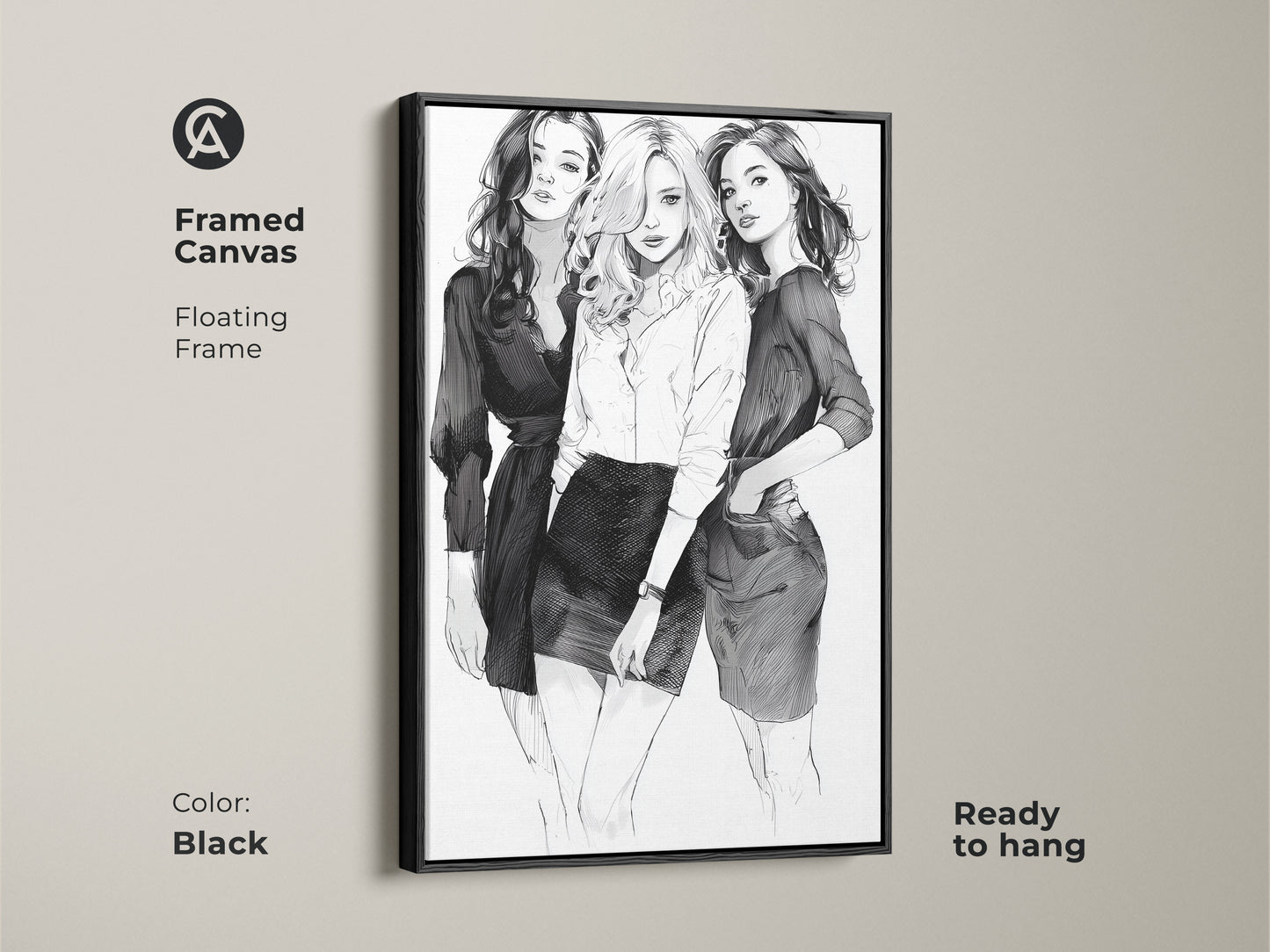 Framed canvas with a floating frame showcasing three women in a monochrome sketch art print. The black frame complements the black and white portrait. Ready to hang as a stylish wall decor.