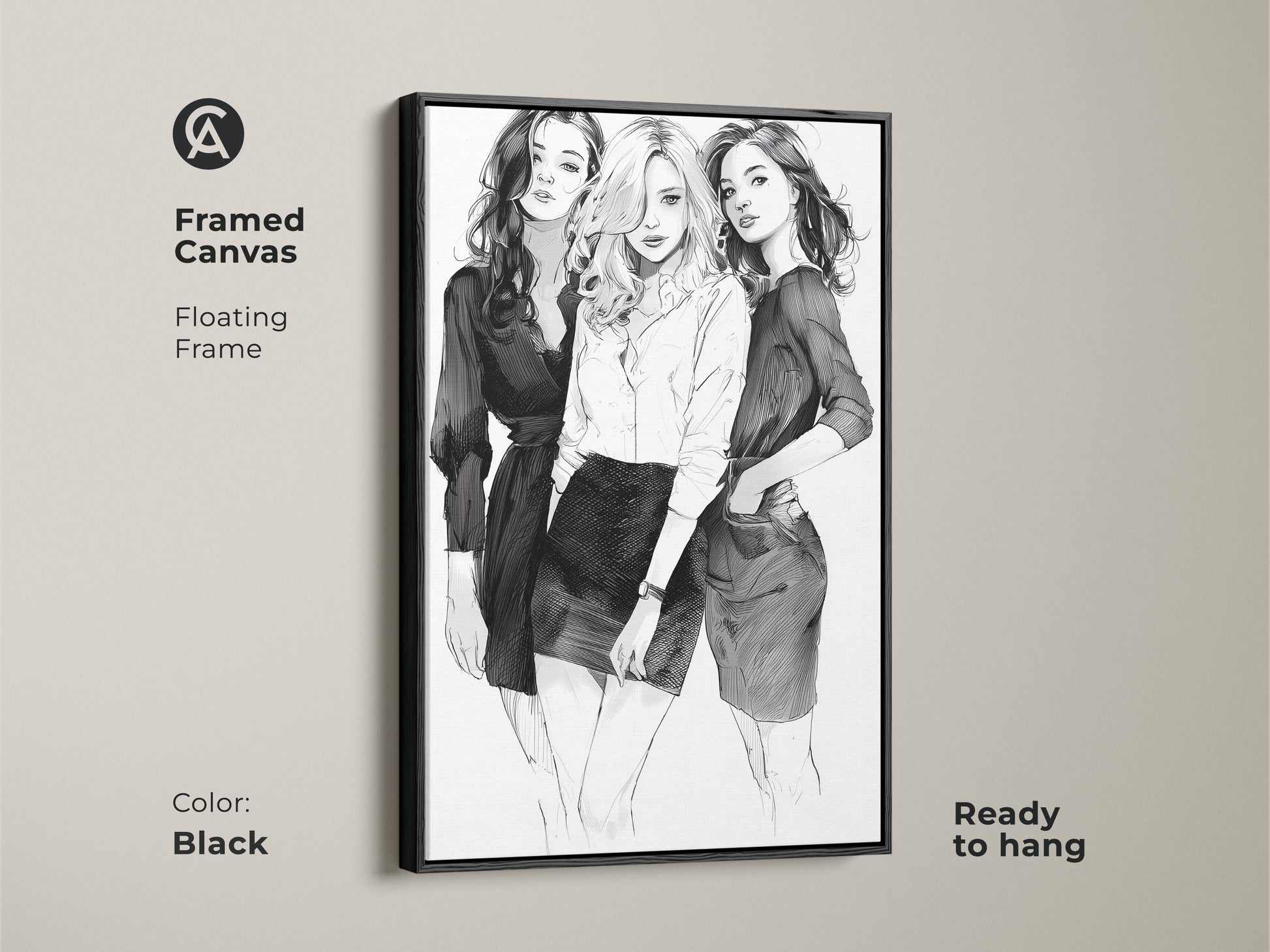 Framed canvas with a floating frame showcasing three women in a monochrome sketch art print. The black frame complements the black and white portrait. Ready to hang as a stylish wall decor.