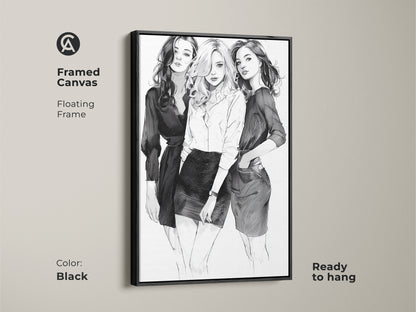 Framed canvas with a floating frame showcasing three women in a monochrome sketch art print. The black frame complements the black and white portrait. Ready to hang as a stylish wall decor.