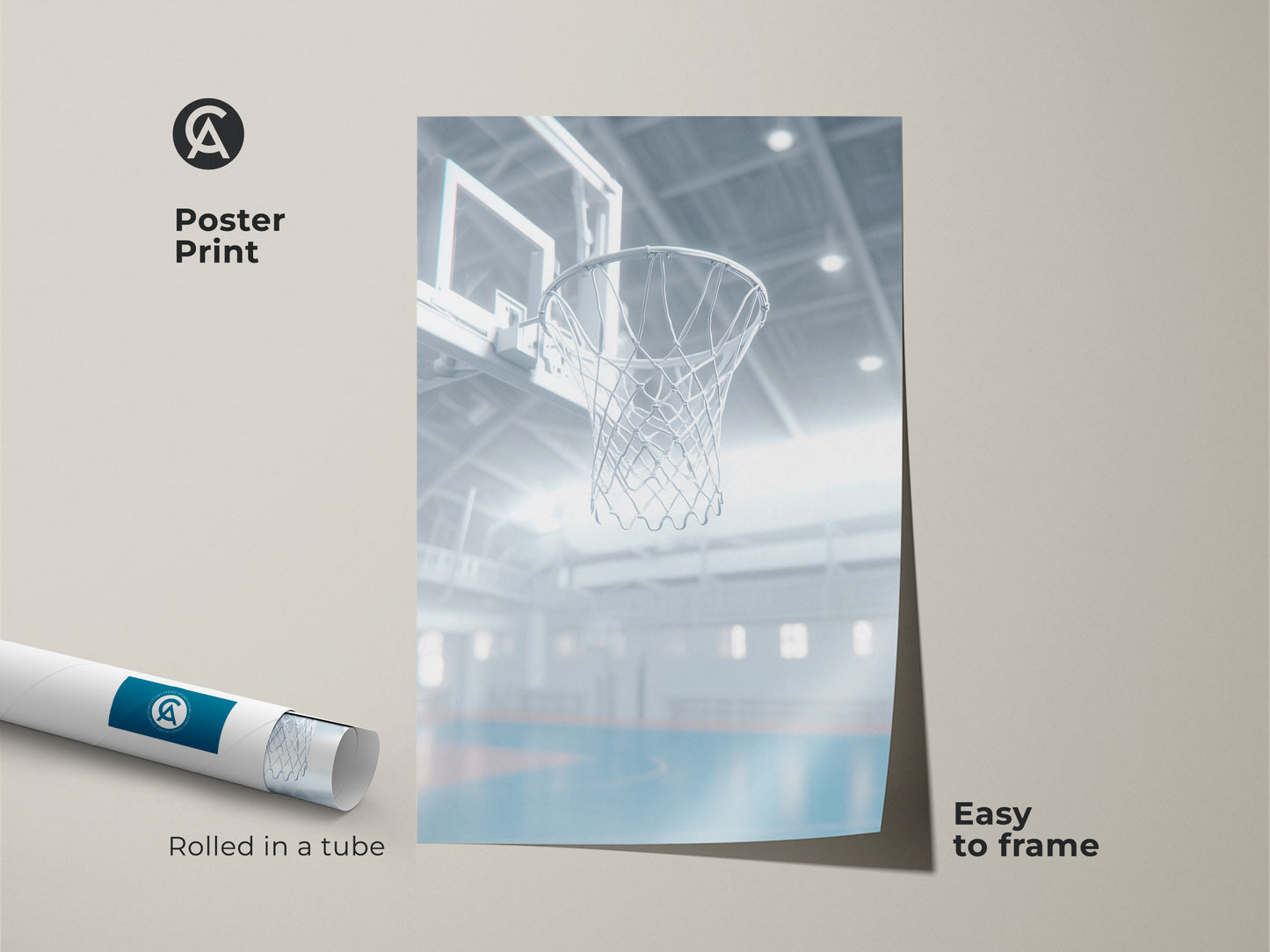 This is a poster print of a basketball hoop inside a gymnasium. The poster is rolled in a tube. It is easy to frame. This basketball art captures the essence of the sport. Add a dynamic touch to your home decor with this unique piece.