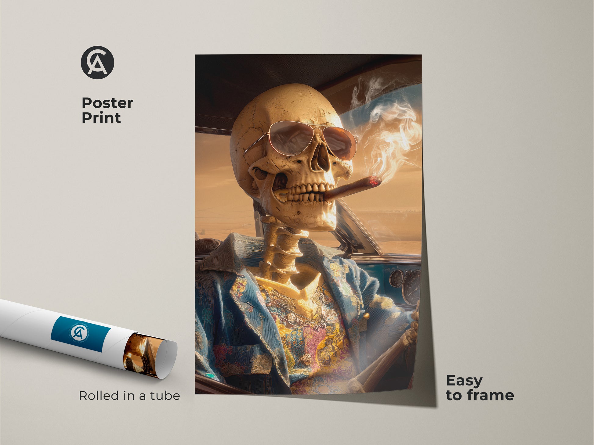 A poster print features a skeleton driving a car. The artwork is easy to frame for wall decor. The skeleton is wearing sunglasses and smoking a cigar. The poster is rolled in a tube for protection. It is a great addition to any art collection.