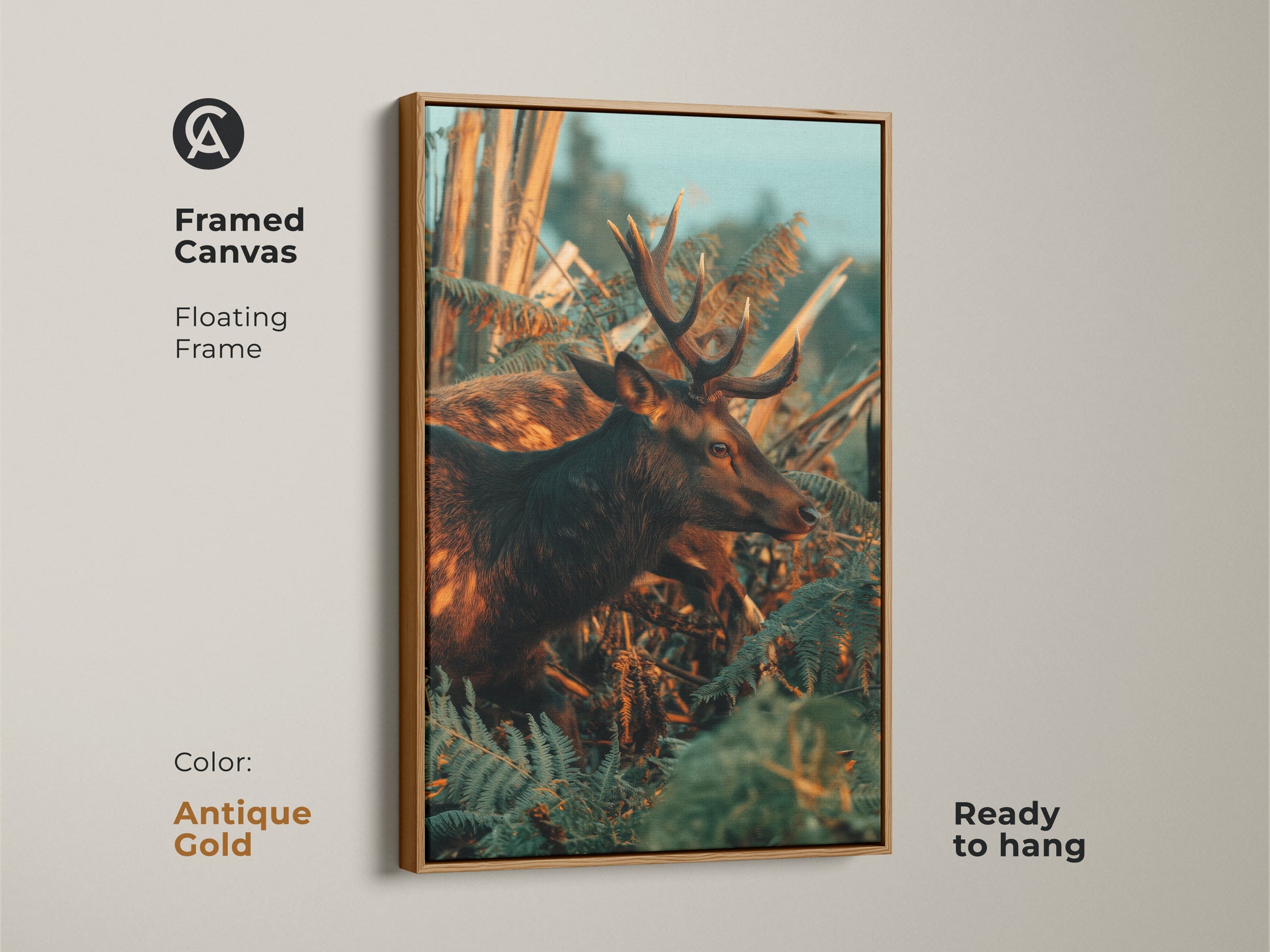 Framed canvas print featuring a photorealistic deer and ferns with an antique gold floating frame. This rustic wildlife art is ready to hang. The amber and teal color palette adds warmth to any room. A great addition to hunting lodge decor or a nature-themed space. Perfect for lovers of wildlife and the outdoors.
