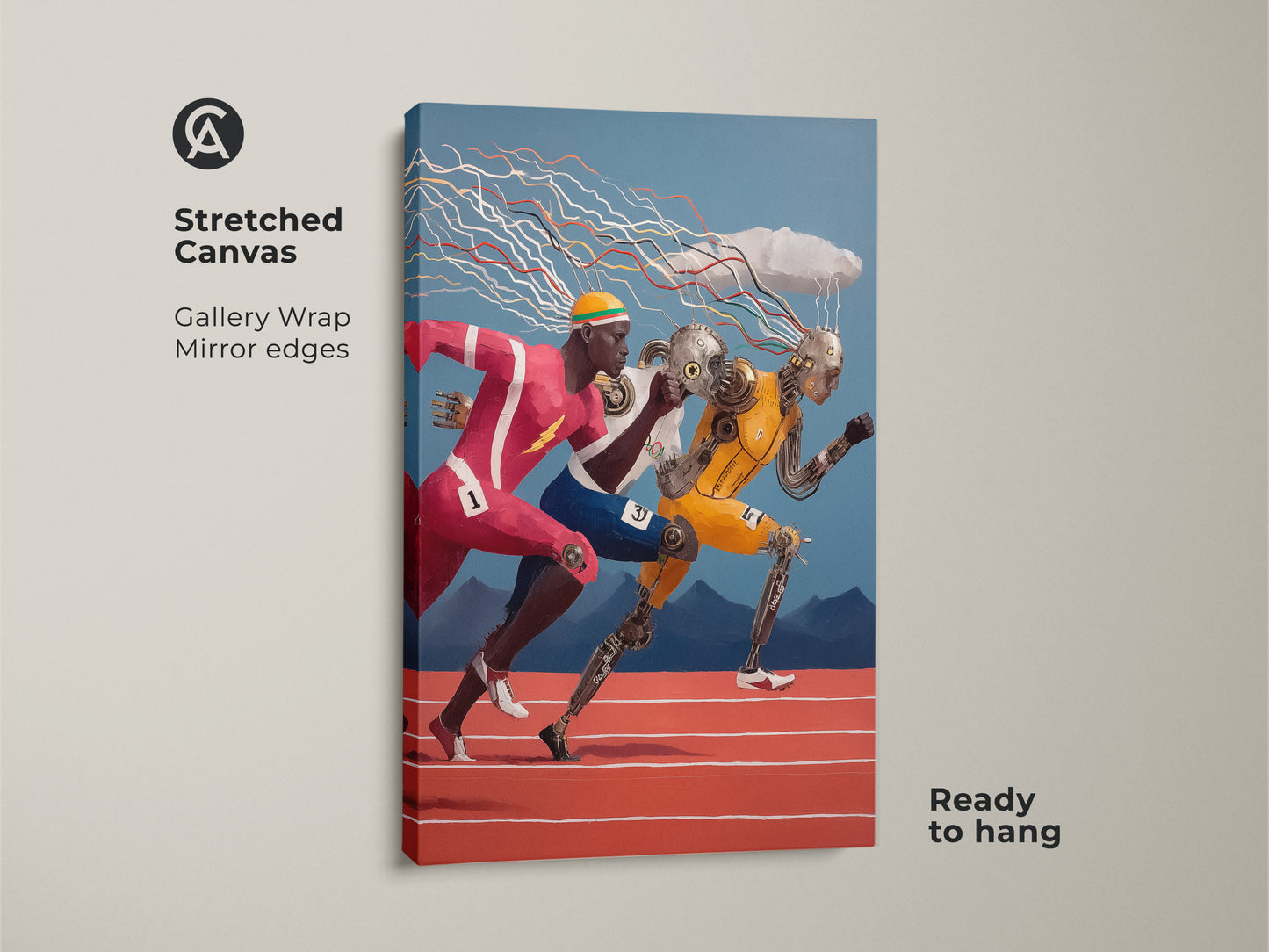 The cyberpunk athlete canvas print shows runners with cyborg elements. This stretched canvas art adds a surreal futuristic touch. The gallery wrap with mirror edges is ready to hang.