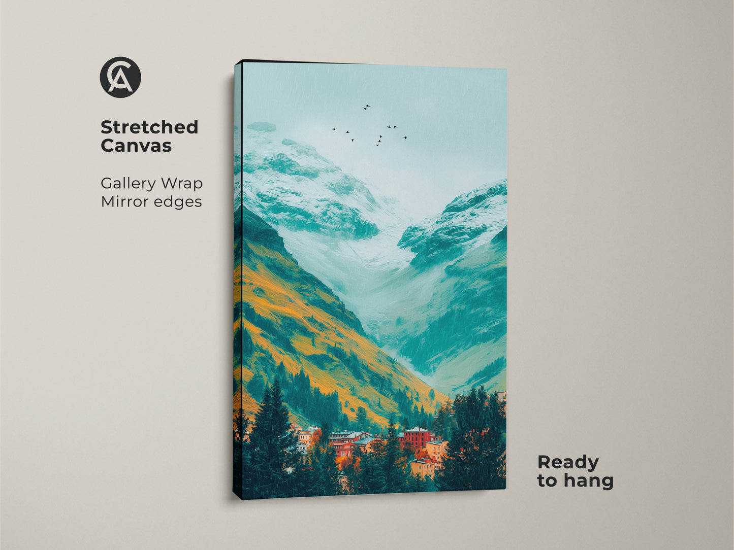 A gallery wrapped stretched canvas print showcases a teal mountain valley. Orange and white mountains stand above a village nestled among evergreen trees. A flock of birds flies overhead. The art is ready to hang.