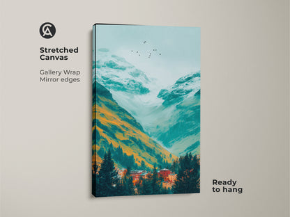 A gallery wrapped stretched canvas print showcases a teal mountain valley. Orange and white mountains stand above a village nestled among evergreen trees. A flock of birds flies overhead. The art is ready to hang.