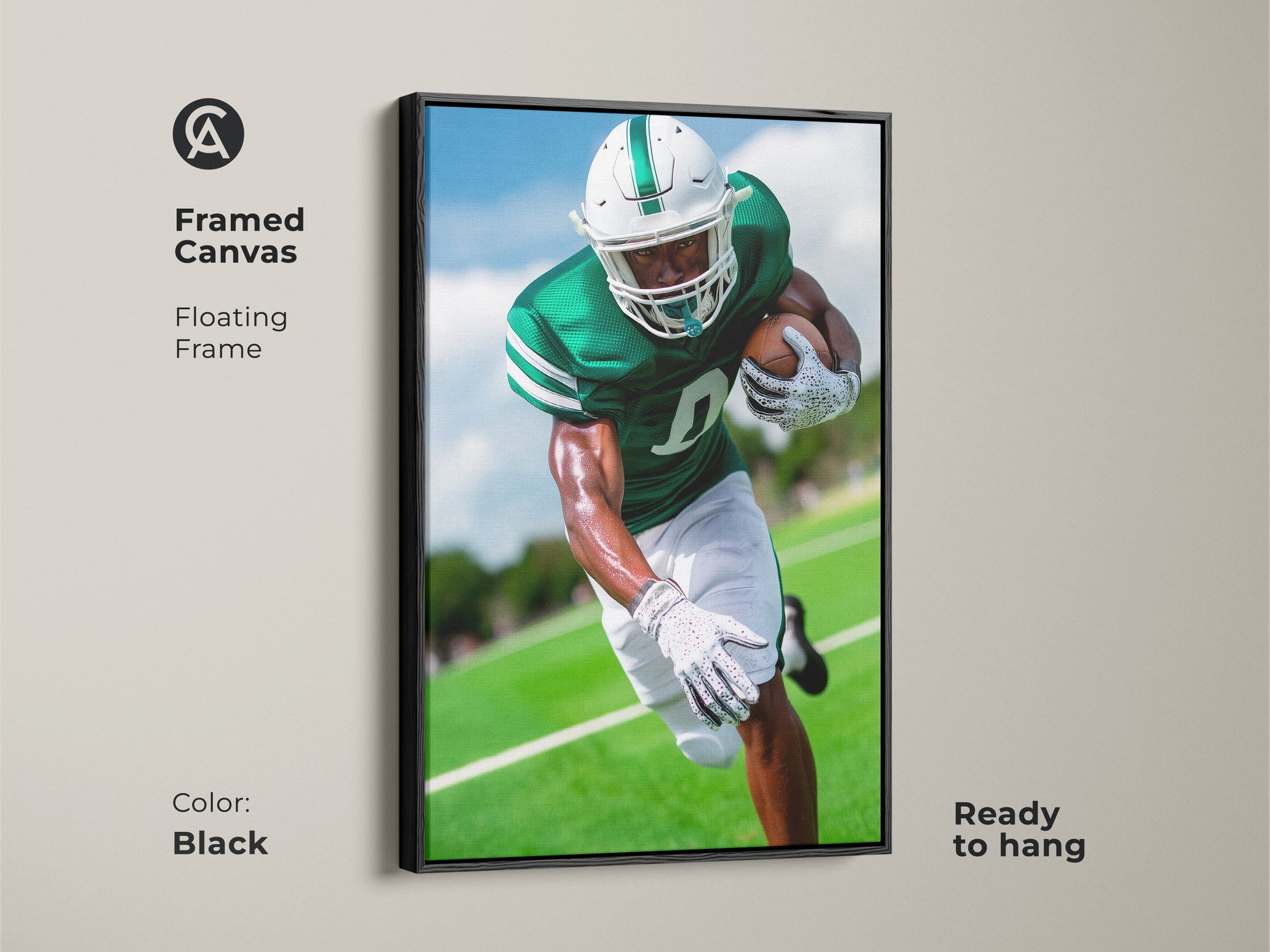 Framed canvas featuring a football player in an emerald green jersey. The floating frame adds a touch of elegance to this sports artwork. Ready to hang this office wall decor is motivational. A perfect gift for the football fan.