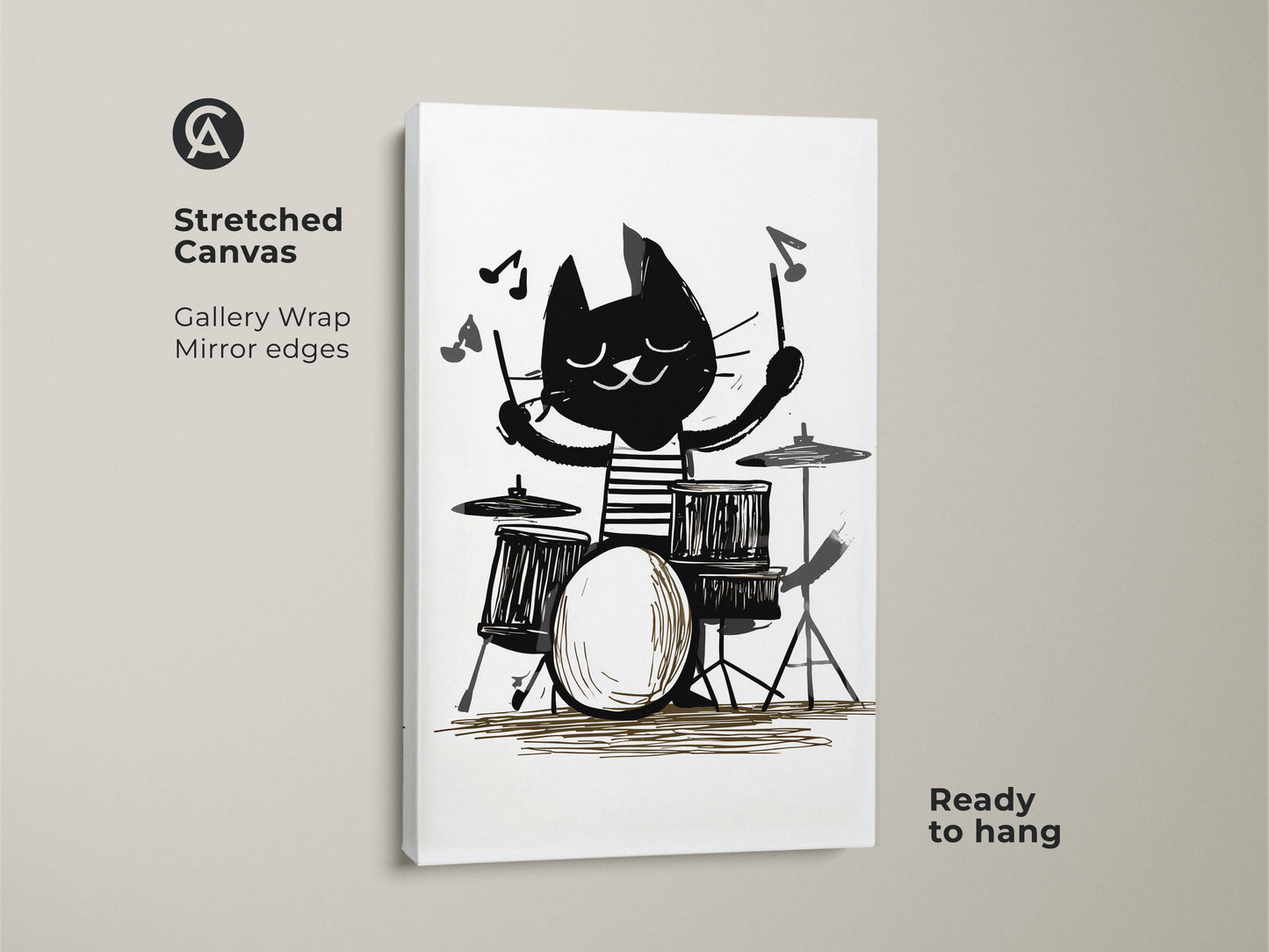Stretched Canvas cat playing drums art. Black and white cat art print on gallery wrap canvas. A music lover gift idea great for kids room animal decor. Eclectic home art ready to hang.