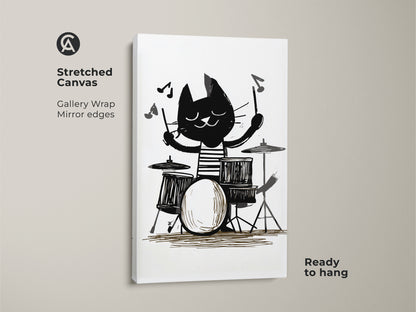Stretched Canvas cat playing drums art. Black and white cat art print on gallery wrap canvas. A music lover gift idea great for kids room animal decor. Eclectic home art ready to hang.