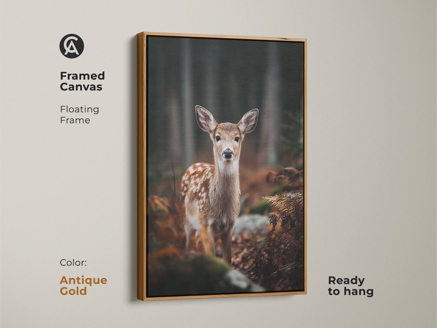 Framed canvas print of a fawn in forest with antique gold frame. The floating frame enhances the photorealistic wildlife art. Ready to hang this rustic artwork adds warmth. Ideal for nature themed decor.