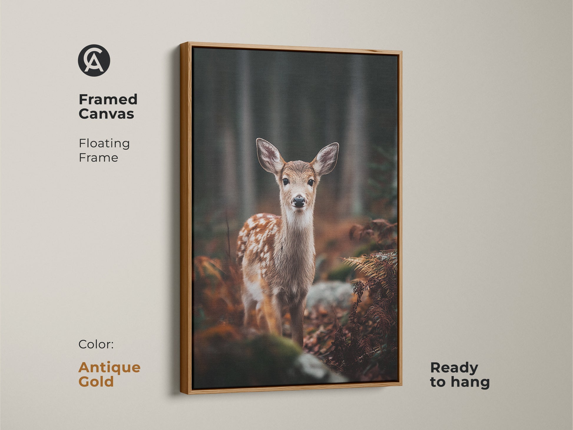 Framed canvas print of a fawn in forest with antique gold frame. The floating frame enhances the photorealistic wildlife art. Ready to hang this rustic artwork adds warmth. Ideal for nature themed decor.
