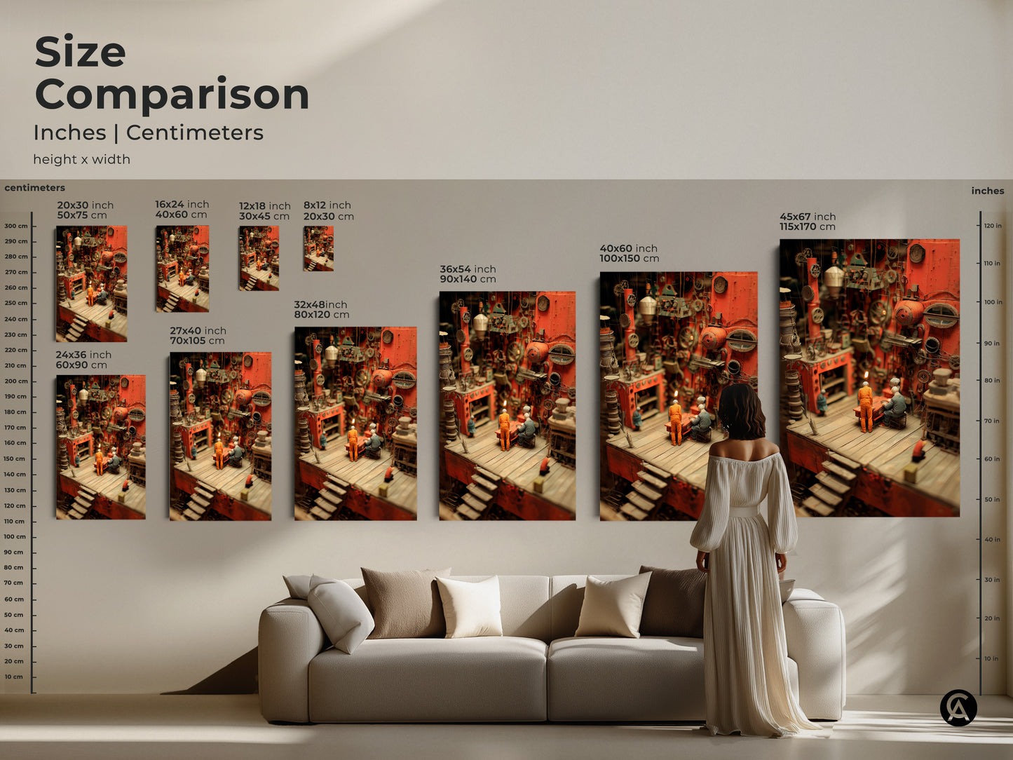 Compare sizes of the Steampunk diorama inches and centimeters. This industrial factory artwork is great above a couch. From small prints to large canvases. Find the perfect scale for your space. Enhance your office decor with this unique vintage artwork.