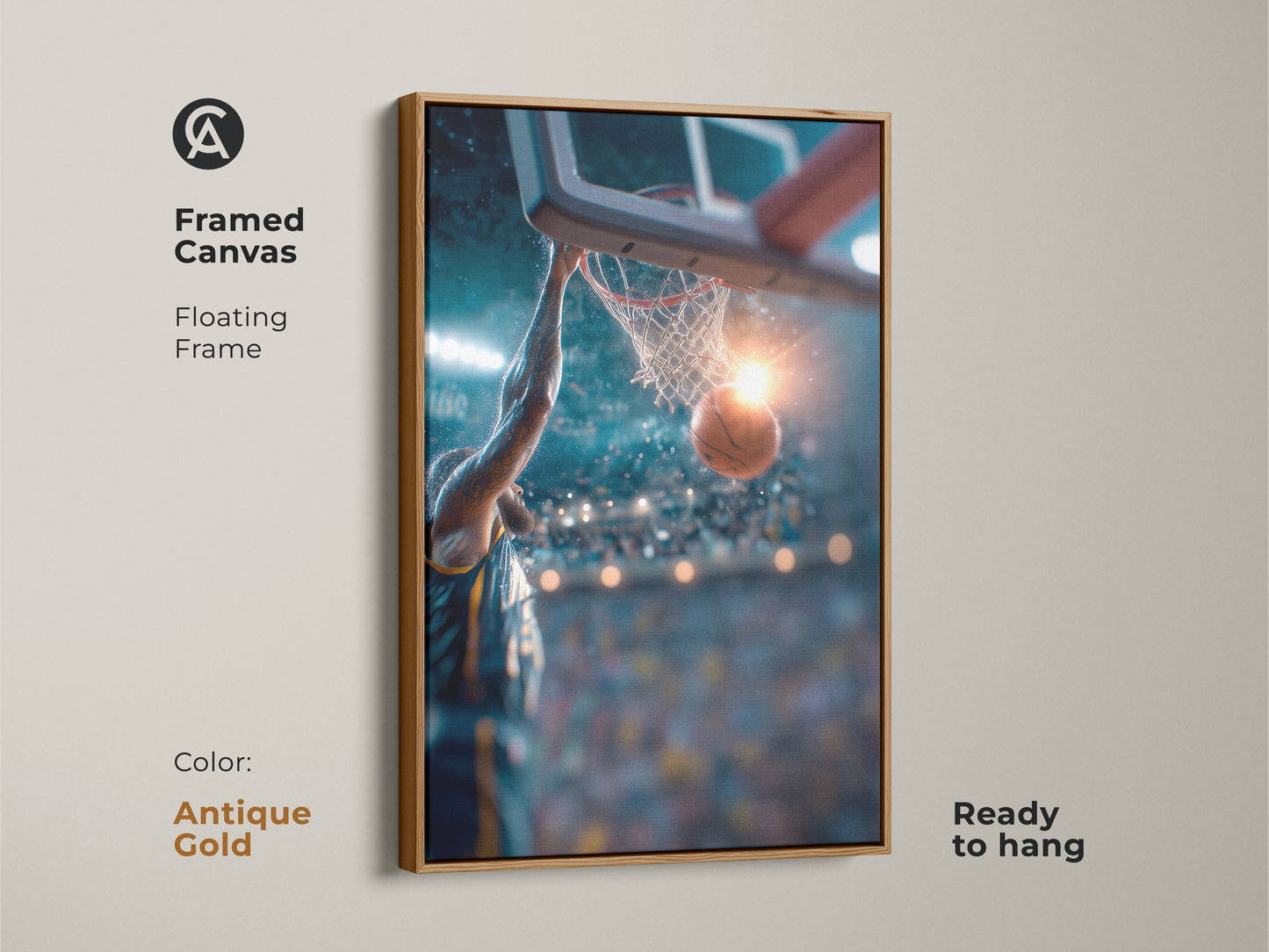 Antique gold framed basketball canvas art. This artwork is ready to hang. It shows a player dunking. Elevate your space with this unique and stylish basketball-themed art.