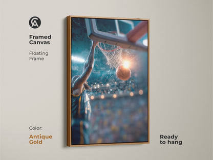 Antique gold framed basketball canvas art. This artwork is ready to hang. It shows a player dunking. Elevate your space with this unique and stylish basketball-themed art.