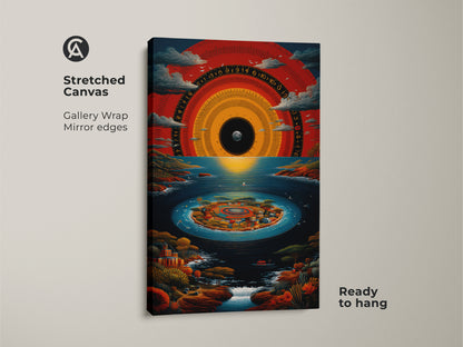Stretched Canvas surreal island wall art. The artwork features an abstract time dial canvas. It also showcases a crimson and deep blue print. Ready to hang for home decor. This item makes a unique travel enthusiast gift idea.