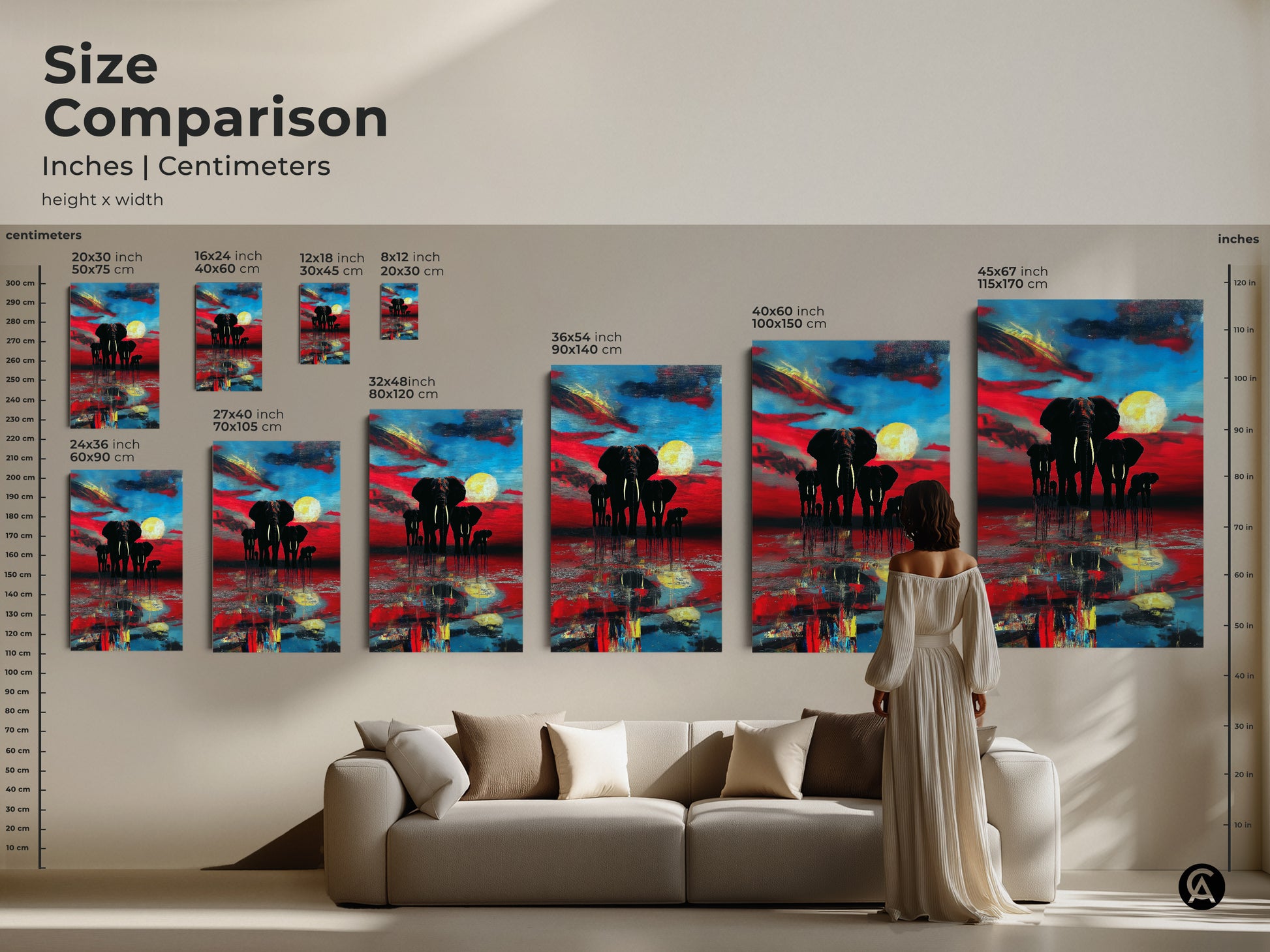This is a size comparison guide that shows inches and centimeters. Different sizes of abstract elephant canvas wall art are shown over a sofa. Crimson azure and yellow add to this unique wildlife art piece.
