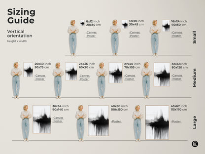 Sizing guide displays abstract soundwave mountain art prints on canvas and posters in vertical orientation. Find the perfect size from small to large. Contemporary landscape art adds sophistication to any room. This black and white artwork complements your space.