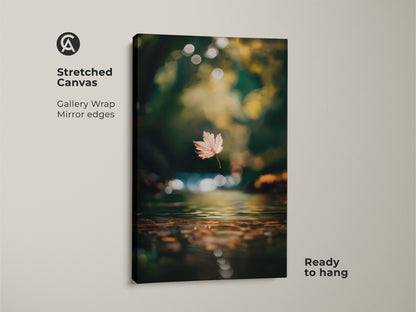 Bring the outdoors in with this stunning stretched canvas artwork. A single leaf floats gently above a reflective stream. This ready-to-hang gallery-wrapped art features mirror edges for a modern look. Enhance your home decor now with this calming scene.