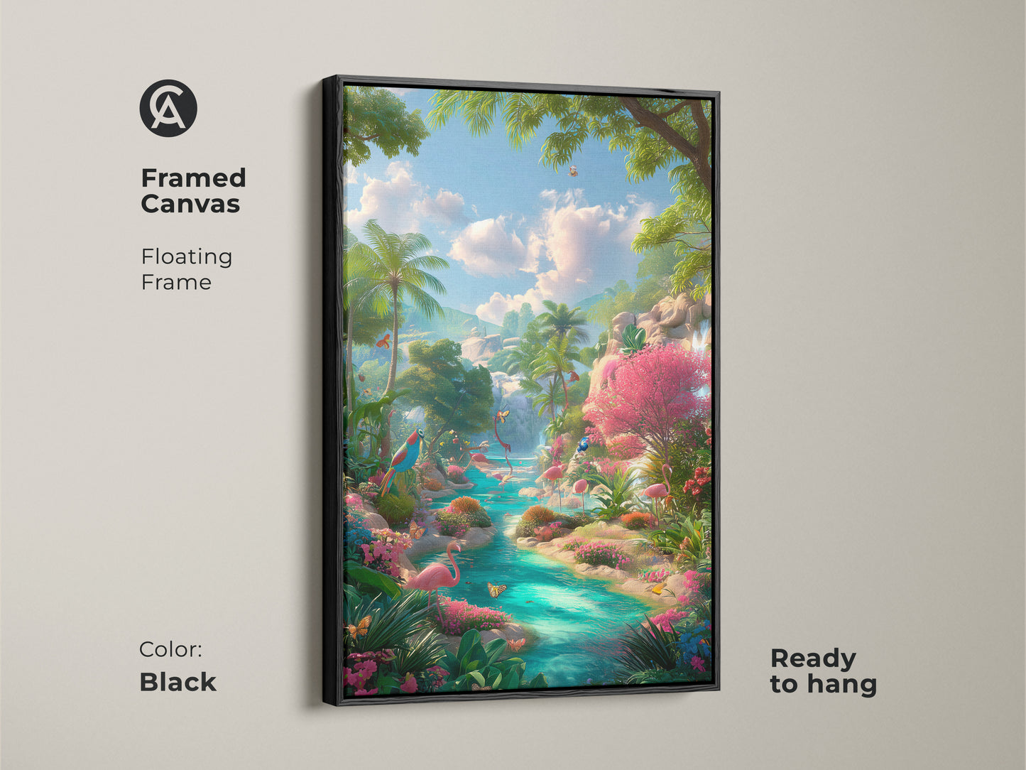 Framed canvas art of a tropical flamingo river scene in a black floating frame. This ready-to-hang artwork brings nature's beauty indoors. Perfect for adding a touch of elegance and tranquility to your living space.