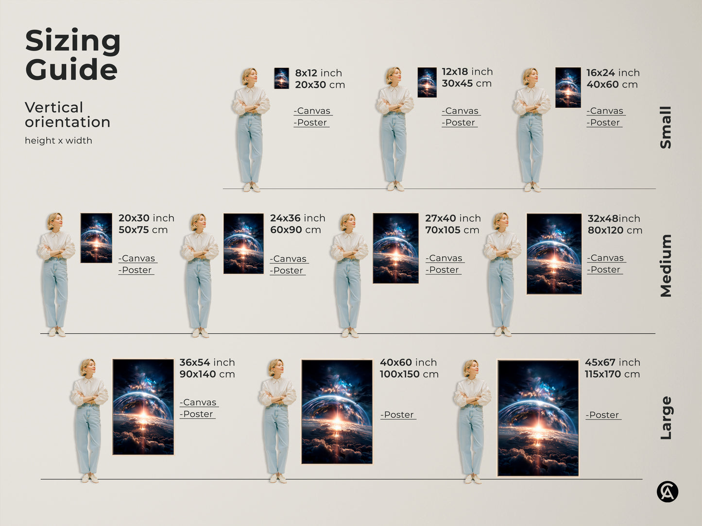 Sizing guide for vertical artwork. Options include canvas and poster prints. Visualize how different sizes fit in a room. Find the perfect size for your space. This earthrise artwork is available in a range of dimensions. From small to large.