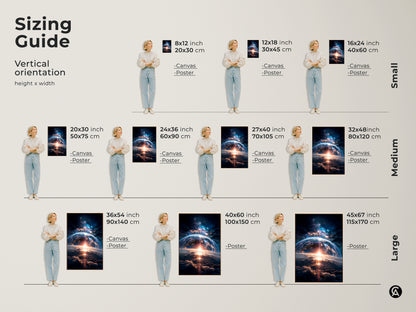 Sizing guide for vertical artwork. Options include canvas and poster prints. Visualize how different sizes fit in a room. Find the perfect size for your space. This earthrise artwork is available in a range of dimensions. From small to large.
